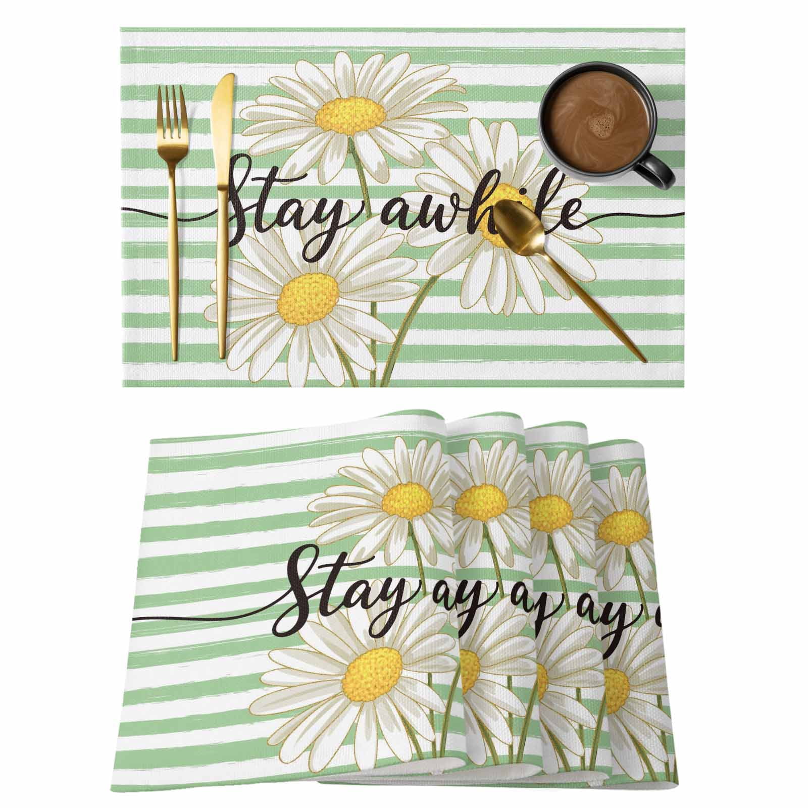 Daisy Flower Placemats Set of 4, Watercolor Farmhouse Country Floral Stripe Placemats for Dining Table, Place Mats for Kitchen Tabletop, Waterproof Wipeable Dining Table Mats Set