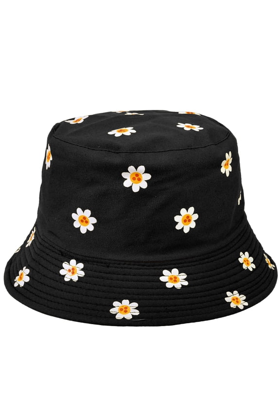 Daisy Flower Reversible Bucket Hat For Men Women Summer Travel Beach Outdoor Fishing Hat 100% Cotton - J876-Black