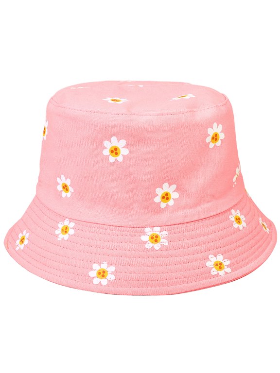 Daisy Flower Reversible Bucket Hat For Men Women Summer Travel Beach Outdoor Fishing Hat 100% Cotton - J876-Pink