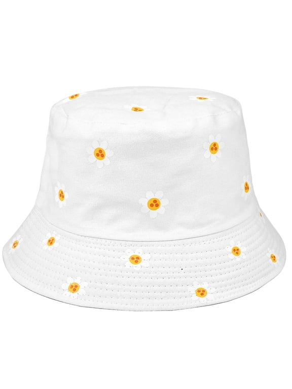Daisy Flower Reversible Bucket Hat For Men Women Summer Travel Beach Outdoor Fishing Hat 100% Cotton - J876-White