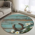 thumbnail image 1 of Daisy Flower Round Area Rug 4ft, Vintage Horseshoes Farmhouse Wooden Grain Teal Washable Non-Slip Circle Rugs for Bedroom Living Room Kitchen, Soft Non Shedding Circle Carpet for Dining Room Dorm, 1 of 9