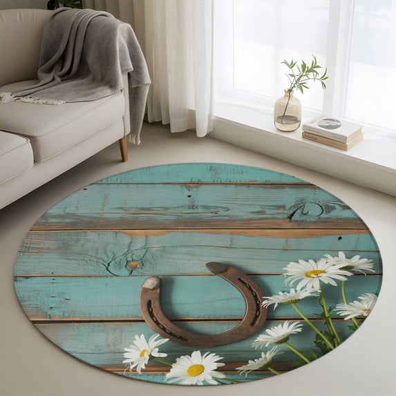 Daisy Flower Round Area Rug 4ft, Vintage Horseshoes Farmhouse Wooden Grain Teal Washable Non-Slip Circle Rugs for Bedroom Living Room Kitchen, Soft Non Shedding Circle Carpet for Dining Room Dorm