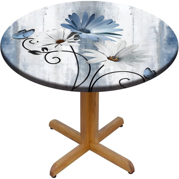Daisy Flower Round Fitted Tablecloth with Elastic Edge Teal Blue Floral Butterfly Table Cover Outdoor/Indoor Waterproof Table Cloths Stain-Resistant Wipeable for 28" Round Table