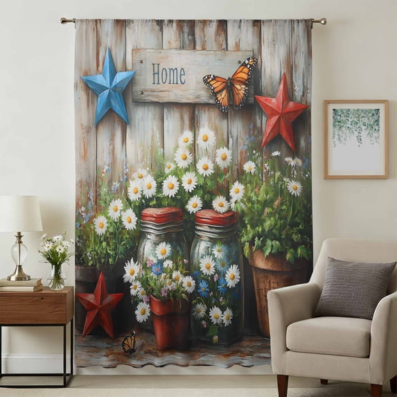 Daisy Flower Sheer Curtains 54 Inches Long, Retro Western Red Blue Stars Butterfly Wood Light Filering Curtains, Breathable Simi Curtain Privacy Drapes for Kitchen Bathroom Small Window Treatment