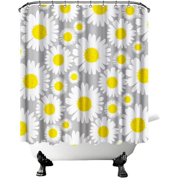 Daisy Flower Shower Curtain Yellow Floral Curtains for Bathroom Yellow and Grey Bathroom Decor Hooks Included 72"X72" (Yellow)