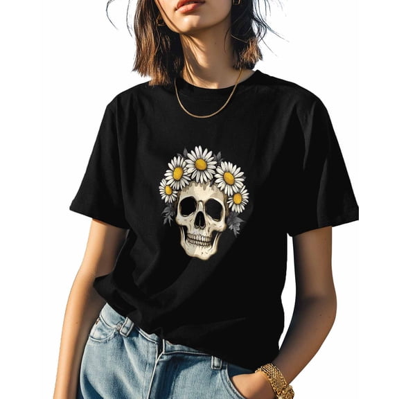Daisy Flower Skeleton Womens Tshirt Graphic Tees Cotton Crew Neck T-Shirts, Casual Short Sleeve Shirts for Women Teen Girl Skull