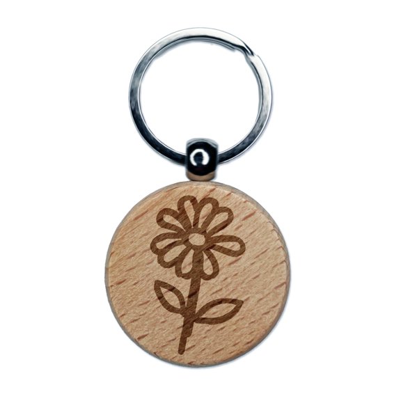 Daisy Flower Sketch Round Keychain Charm Tag - Engraved Wood