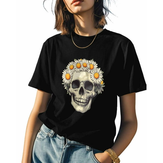 Daisy Flower Skull Womens Tshirt Graphic Tees Cotton Crew Neck T-Shirts, Casual Short Sleeve Shirts for Women Teen Girl Cartoon Style