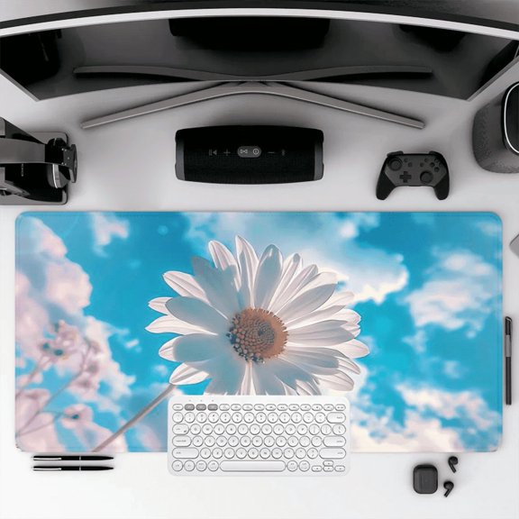 White Daisy Flower Mouse Pad 35.4 x 15.8 Inches Rubber Desk Mat with Sky Design for Office and Home Use