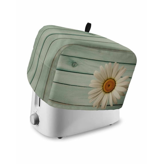 Daisy Flower Small Toaster Cover 2 Slice, Kitchen Appliance Covers, Modern Art Floral Farmhouse Teal Wooden Grain Toaster Oven Cover with Loop, Bread Machine Cover Polyester Dust Cover Protection