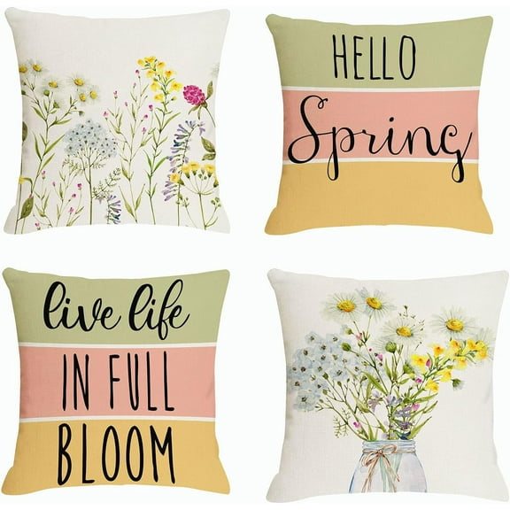 Daisy Flower Spring Outdoor Pillow Covers Waterproof 18x18 Set of 4 Hello Spring Wild Floral Farmhouse Decorative Throw Pillow Cushion Covers Accent for Couch Sofa Home Decor