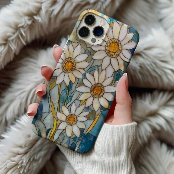 Daisy Flower Stained Glass Aesthetic Protective Case for iPhone 11 12 13 14 15 16 17 Pro Max
