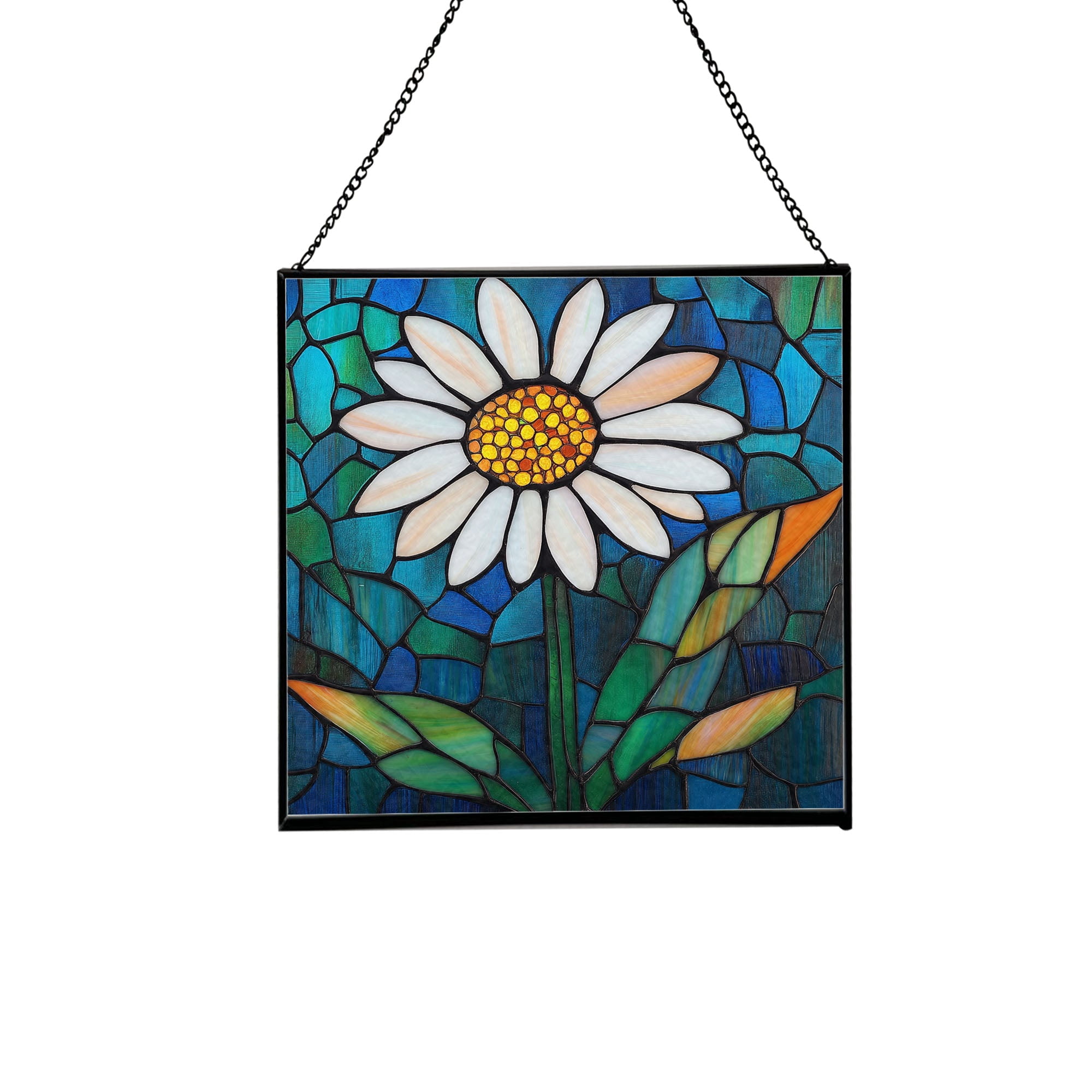 Daisy Flower Stained Glass Panel Suncatcher Square Window Hanging, 8 ...
