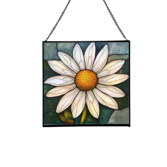Daisy Flower Stained Glass Panel Suncatcher Square Window Hanging, 8 Inch Real Glass Decorative Art Sun Catcher for Home, Gift, and Garden Decor 78OR11