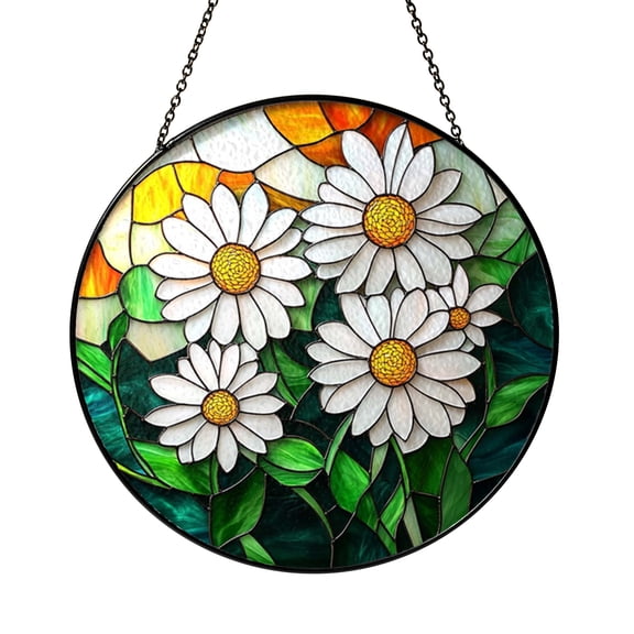 Daisy Flower Stained Glass Panel for Windows, Bright Floral Botanical Decor Accent for Nature Inspired Home Interiors