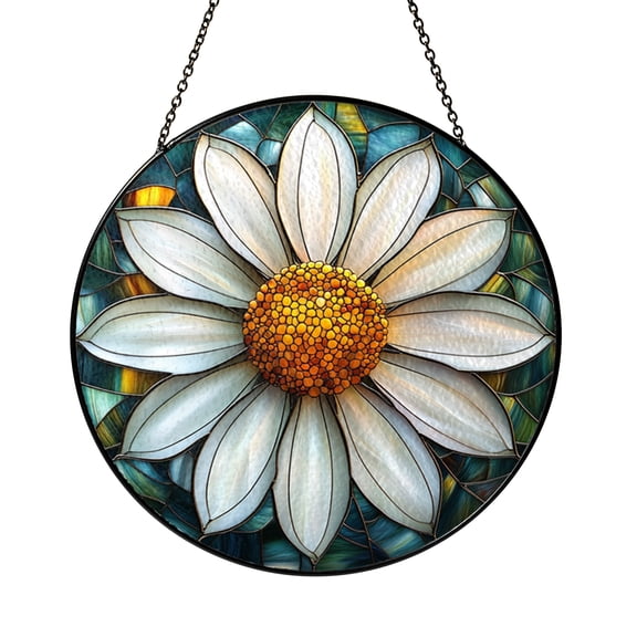 Daisy Flower Stained Glass Style Suncatcher Window Hanging Decor, Large White Floral Bloom Window Panel Art with Garden Theme Design, Spring Window Decoration Gift