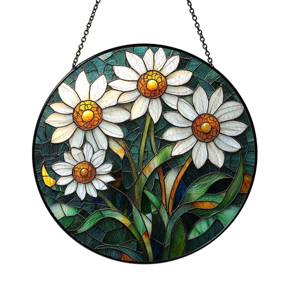 Daisy Flower Stained Glass Style Window Suncatcher Hanging, Floral Garden Decorative Glass Panel Art Ornament for Spring Home Window Decor