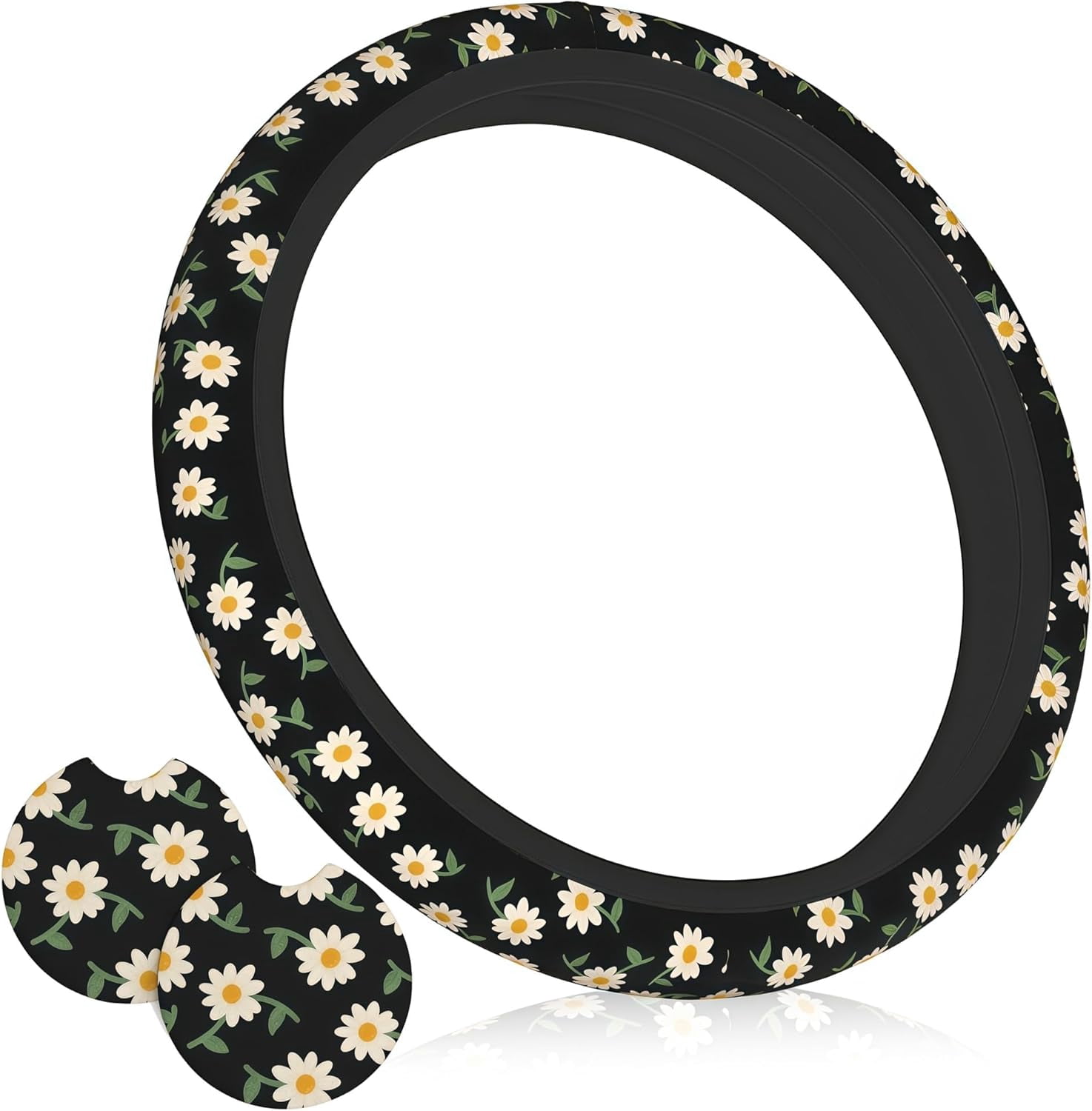 Daisy Flower Steering Wheel Cover for Women - Cute Anti-Slip Breathable Universal 14-15 Inch Car Wheel Cover with 2 Matching Coasters Set, Soft Comfort Grip Accessories