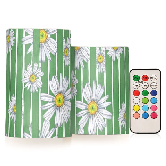 Daisy Flower on Stripe 2 PCS LED Flickering Flameless Candles with Remote Control Realistic 3D Wick Window Candles Sets for Wedding Table Home Decoration Gifts