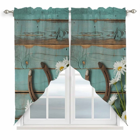 Daisy Flower Swag Curtains for Living Room/Bedroom, Vintage Horseshoes Farmhouse Wooden Grain Teal Swag Kitchen Curtain Valances for Windows, Tier Topper Scalloped Curtain 2 Panels, 72"W x 36"L