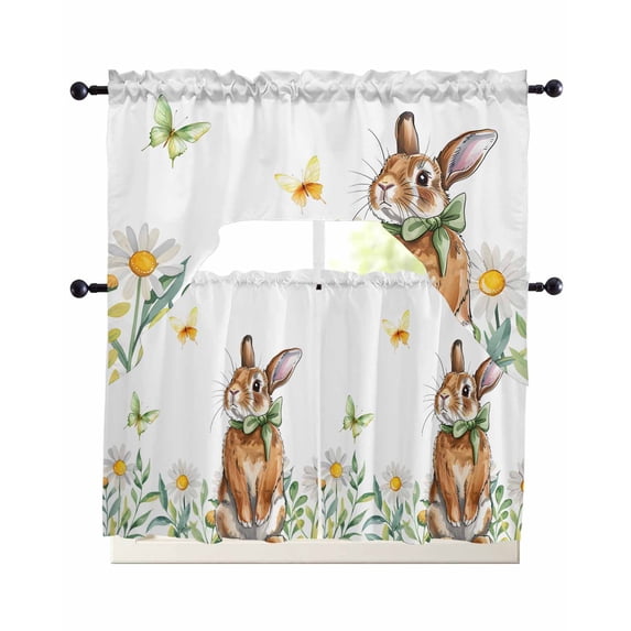 Daisy Flower Swag Curtains for Living Room/Bedroom Windows, Country Rabbit Floral Wildflower Butterfly Kitchen Curtains and Valances Set 36 Inch Length, Light Filtering Swags Valance Curtain Panels