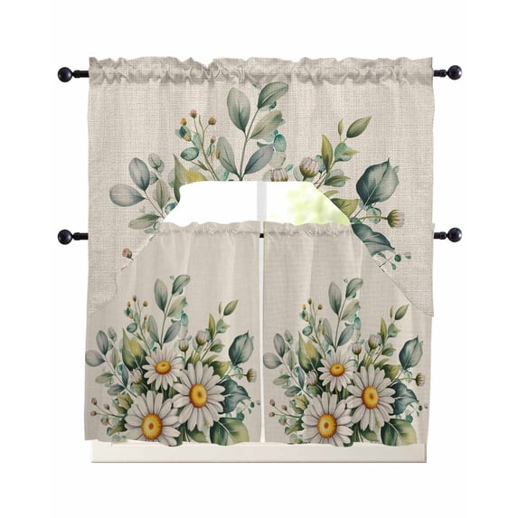 Daisy Flower Swag Curtains for Living Room/Bedroom Windows, Vintage Farmhouse Rustic Floral Plant Kitchen Curtains and Valances Set 36 Inch Length, Light Filtering Swags Valance Curtain Panels