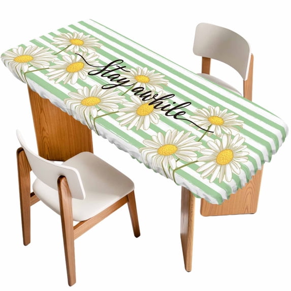 Daisy Flower Table Cloths for 8 Foot Rectangle Tables, Watercolor Farmhouse Country Floral Stripe Patio Waterproof Elastic Fitted Tablecloths, Washable Rectangular Table Cover for Camping