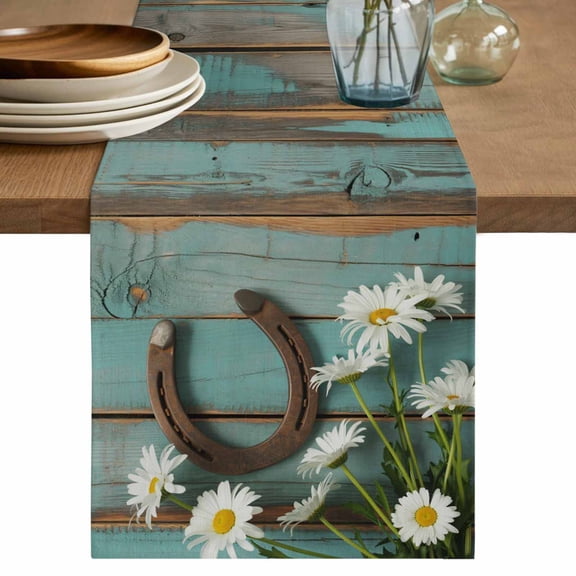 Daisy Flower Table Runner 36 Inches, Vintage Horseshoes Farmhouse Wooden Grain Teal Bed Runner Dresser Scarves Tabletop for Indoor Outdoor Parties/Ceremony/Banquet, 13"x 36"