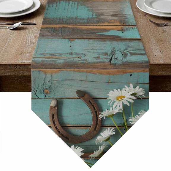 Daisy Flower Table Runner Linen Burlap Table Runner 120 Inches Long Vintage Horseshoes Farmhouse Wooden Grain Teal Dresser Scarves for Kitchen Island Coffee Dining Party Holiday Decor 13"x120"