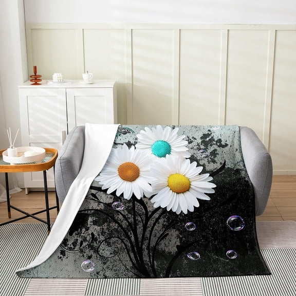 Daisy Flower Throw Blanket for Couch Bed Black and White Floral Soft Cozy Blanket