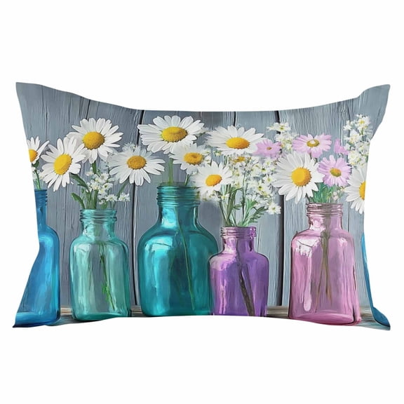 Daisy Flower Throw Pillow Cover 12 x 20 Inch Decorative Pillow Cover Blue Pink Bottle Floral Farmhouse Wooden Lumbar Pillowcase Seasonal Rectangle Cushion Case for Couch Sofa Bed Living Room
