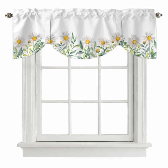 Daisy Flower Tie Up Valance Curtains for Windows, Kitchen Curtains Window Treatments, Garden Floral Green Leaf Summer Spring Short Window Shades Valances for Bedroom Bathroom Cafe 54"x18"
