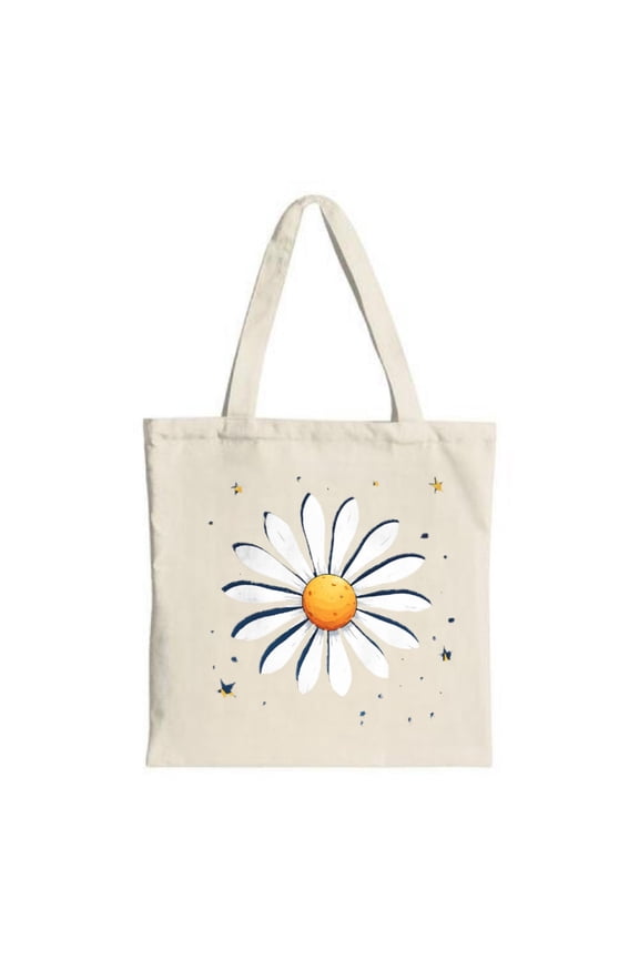 Daisy Flower Tote Bag - White petals yellow center blue outline adorned with stars & dots Perfect for shopping travel & parties