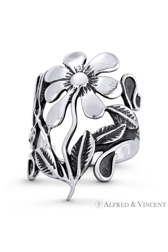 Daisy Flower, Vine, & Leaf Charm Wide Band / Right-Hand Statement Ring in Oxidized .925 Sterling Silver