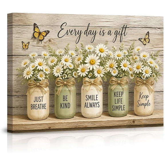 Daisy Flower Wall Art, Inspirational Quotes Canvas Print, Rustic Farmhouse Decor, Everyday is a Gift Wall Hanging, Just Breathe, Be Kind, Smile