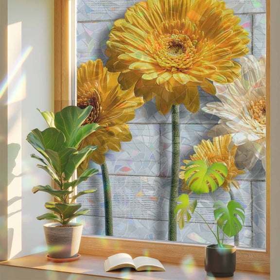 Daisy Flower Window Privacy Film Rainbow Static Cling Stain Glass Window Film for Glass Door, Decorative Sunroof Decal Sticker for Car Home 23.6"x59" Yellow Gray Floral Minimalist White Bricks