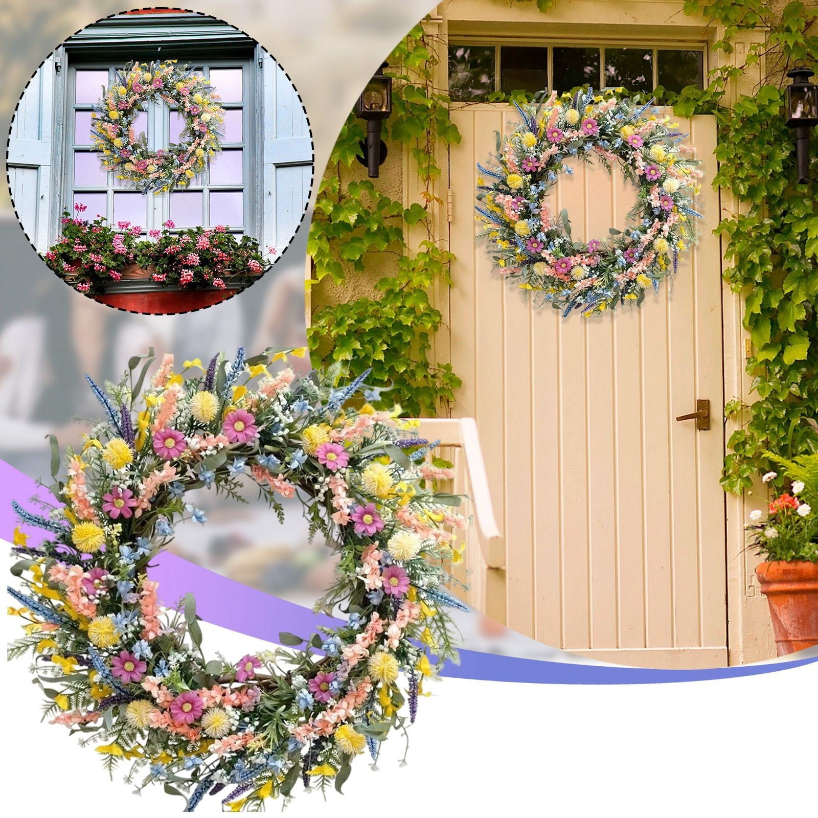 Daisy Flower Wreath - 18 Inch Colorful Spring Summer Door Wreath with ...