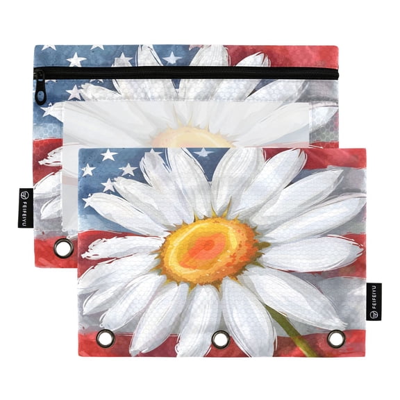 Daisy Flower and America Flat 2 Pack Pencil Pouch for 3 Ring Binder Smooth Zipper Folders with Pockets Clear Window Pencil Case