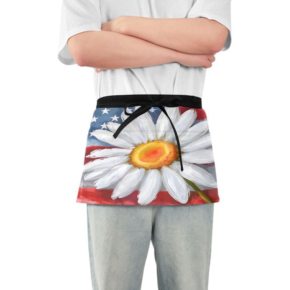 Daisy Flower and America Flat Server Apron with 3 Pockets Waterproof Waitress Waist Short Apron for Man Woman 12 Inches