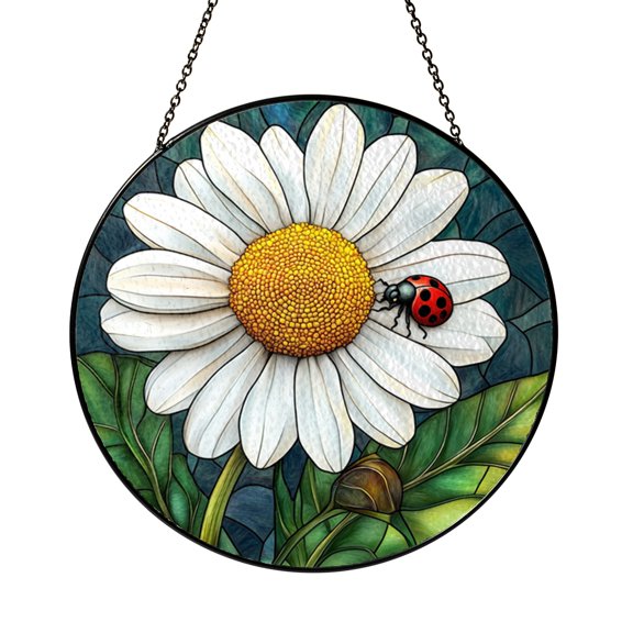 Daisy Flower and Ladybug Glass Suncatcher for Windows, Bright Garden Floral Hanging Decor