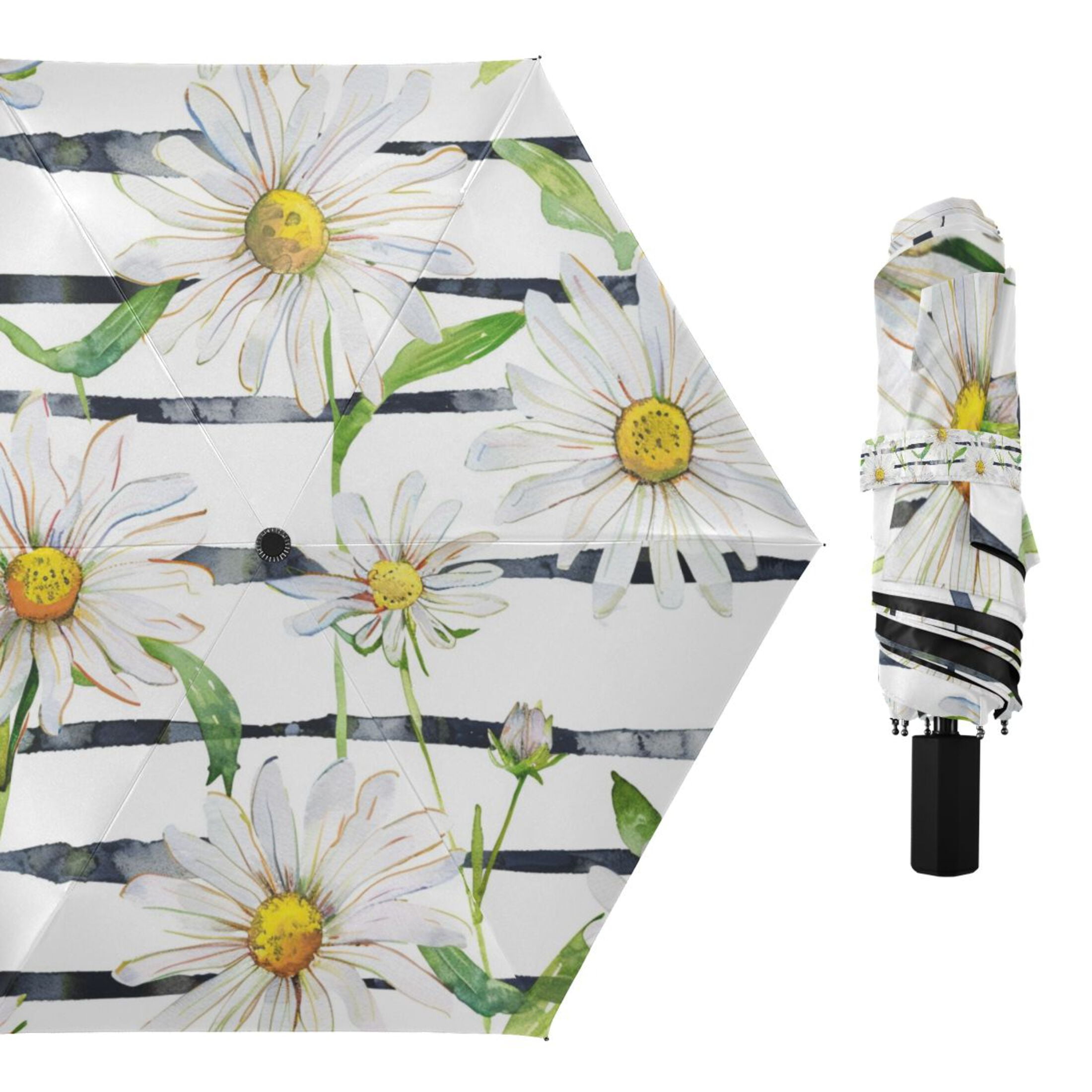 Daisy Flower on Black White Stripes Compact Sun Umbrella Windproof Travel Umbrellas for Rain Strong Portable UV Protection