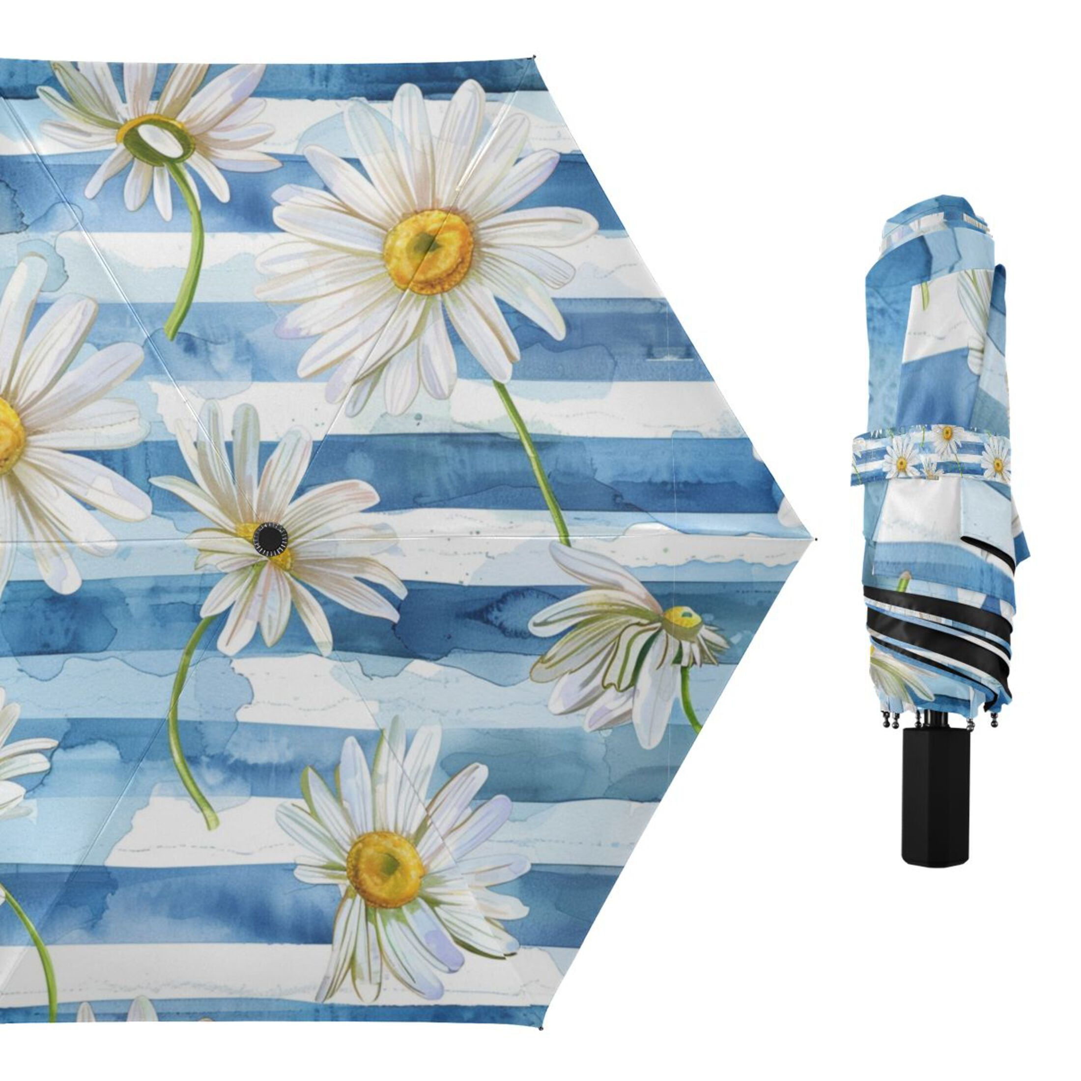 Daisy Flower on Blue White Stripes Compact Sun Umbrella Windproof Travel Umbrellas for Rain Strong Portable UV Protection