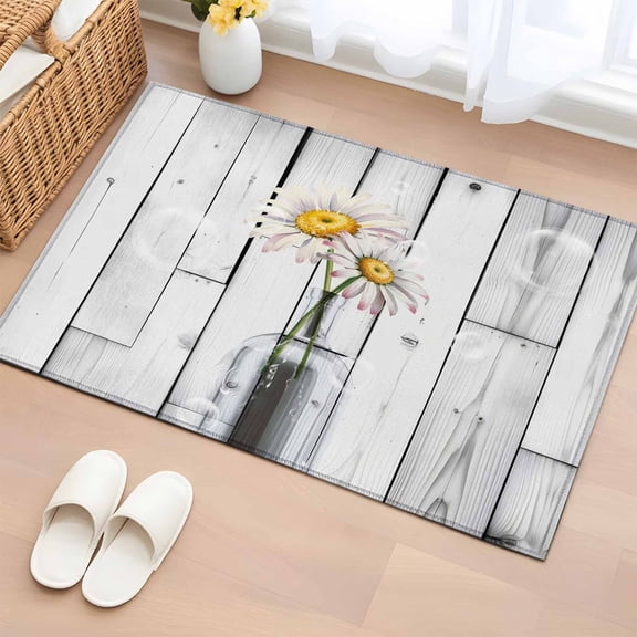 Daisy Flowers 2'x3' Rug for Entryway Front Door Kitchen Sink Area, Bottles Vintage Bubbles Wood Grain Low Pile Washable Non Slip Rectangle Area Rug