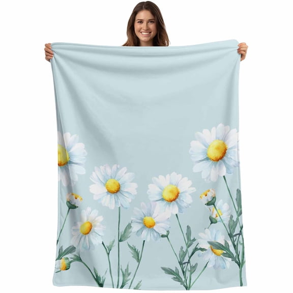 Daisy Flowers Blanket Soft Cozy Warm Throw Blanket for Couch, Plush Fuzzy Flannel Fleece Blankets for Sofa, Spring Floral Leaves Plants Light Blue Bed Blankets Lightweight Gifts for Women, 30"x40"