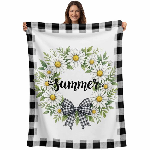 Daisy Flowers Blanket Soft Cozy Warm Throw Blanket for Couch, Plush Fuzzy Flannel Fleece Blankets for Sofa, Summer Flowers Wreath Leaves Bow Black Plaid Bed Blankets Lightweight Gifts, 30"x40"