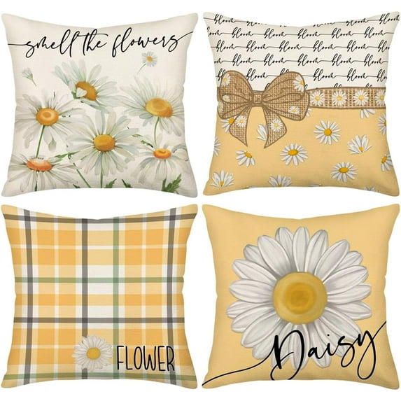 Daisy Flowers Decorative Throw Pillow Covers 18x18 Inch Set of 4 Yellow White Buffalo Plaid Spring Floral Bowknot Linen Outdoor Cushion Cases Farmhouse Indoor Pillowcase for Home Sofa Couch