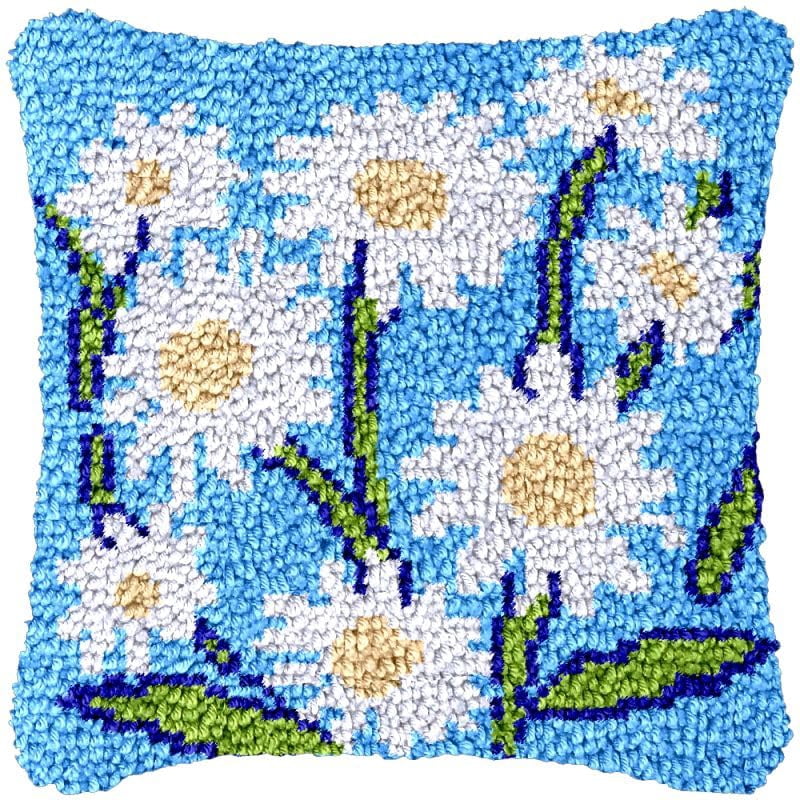 Daisy Flowers Latch Hook Pillow Cover Kits for Needlework Cushion Throw Pillow Cross Stitch Crochet Hook Pillowcase Rug Kits Printed Canvas Crochet Yarn Kits Needlework 17'' X 17''