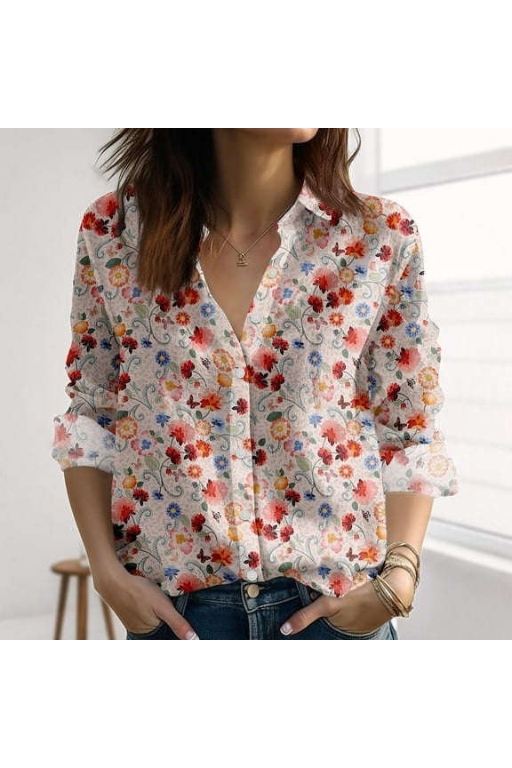Daisy Flowers Linen-Look Shirt, Nature Love Blouse Shirt, Cottagecore Floral Shirt for Women, Vintage Flower Print Button Shirt For Her