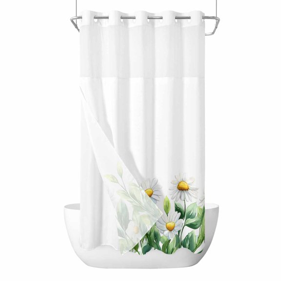 Daisy Flowers No Hooks Shower Curtain with Snap-in Liner Spring Floral Leaf Shower Curtains for Bathroom, Waterproof, Easy Install, Washable 36"x78"