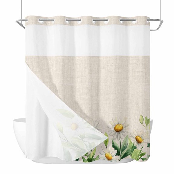 Daisy Flowers No Hooks Shower Curtain with Snap-in Liner Spring Floral Leaf Shower Curtains for Bathroom, Waterproof, Easy Install, Washable 72"x72"